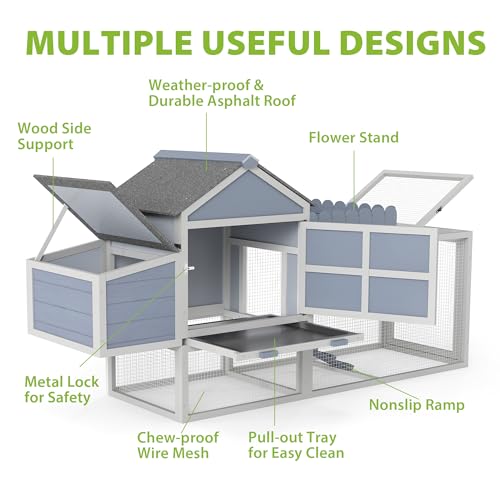 COZIWOW Outdoor Chicken Coop, Wooden Hen House with Nesting Box, Run, Resting Room, Ramp, Pull-Out Tray, Weatherproof, Patio Garden Pen Hutch for Ducks Poultry Pets, Easy to Clean, Gray (Plant Fence)