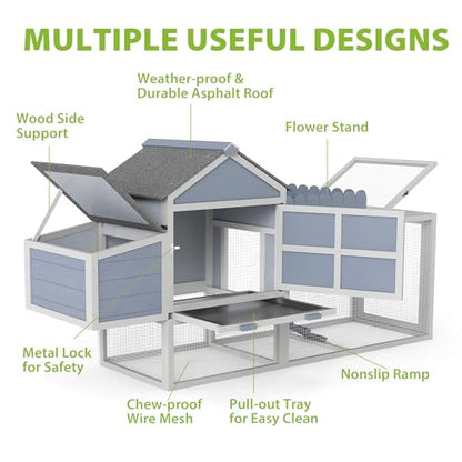 COZIWOW Outdoor Chicken Coop, Wooden Hen House with Nesting Box, Run, Resting Room, Ramp, Pull-Out Tray, Weatherproof, Patio Garden Pen Hutch for Ducks Poultry Pets, Easy to Clean, Gray (Plant Fence)