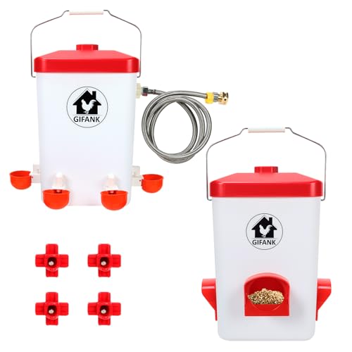 Automatic Chicken Feeder and Waterer Set Hanging Chicken Waterer 3 Gallon Poultry Water Feeder with Nipples and Feeding Ports No Waste,Chicken Coop Accessories - color: Red, size: 13.65x9.752in