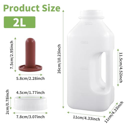 Livestock Bottle Feeding Kit, 2L Calf Milk Feeder with 3 Silicone Nipples, White, BPA-Free Plastic Bottle with Slow Flow Design for Farm Animals