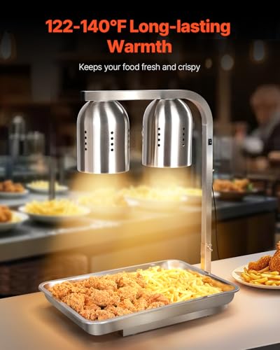 VEVOR Food Heat Lamp, 500W Bulbs, Commercial Food Warmer Light, Electric Stainless Steel French Fry Heating Lamp, Free-Standing, Catering Food Warming Equipment for Kitchen Buffet Restaurant, Silver