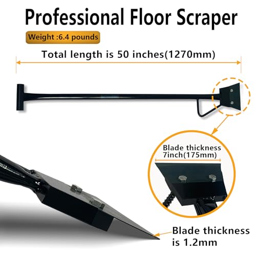 Black Color Heavy Duty Spring Steel Concrete Floor Scraper with 50" Long Length T-handle and Foot kick-Replaceable Steel Blade. (floor scraper)