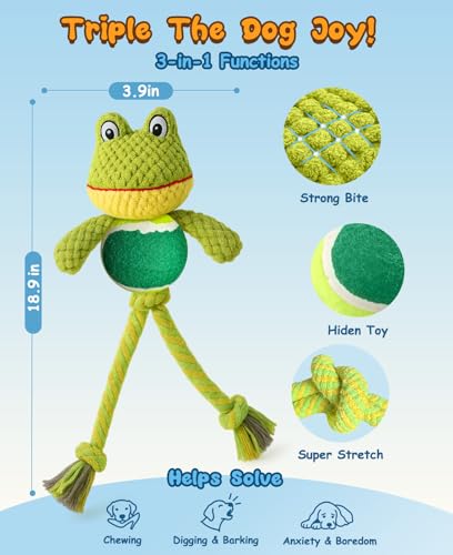 Swooflia Durable Squeaky Dog Toy - Interactive Plush Cute Frog with Rope Legs, Teeth Cleaning Tug Toy for Small Medium and Large Dogs, Puppy Chew Toy for Training and Play - color: Green