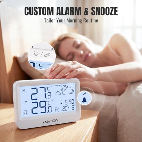 Raddy WF-60 Digital Home Weather Station, Indoor Outdoor Thermometer with Weather Forecast, Professional Temp Monitor with Frost Alarm, Alarm Clock, Battery Operated, for Home Garden