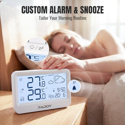 Raddy WF-60 Digital Home Weather Station, Indoor Outdoor Thermometer with Weather Forecast, Professional Temp Monitor with Frost Alarm, Alarm Clock, Battery Operated, for Home Garden