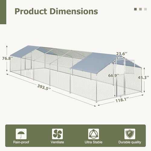 Large Metal Chicken Coop,19.7x9.8x6.4 FT Chicken Run for Yard with Waterproof & Anti-UV Cover,Walk in Chicken Pen with Feeding Door (32.8 * 9.8 * 6.4 ft) - size: 32.8*9.8*6.4 ft