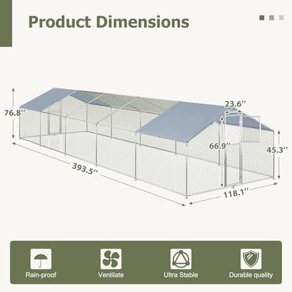 Large Metal Chicken Coop,19.7x9.8x6.4 FT Chicken Run for Yard with Waterproof & Anti-UV Cover,Walk in Chicken Pen with Feeding Door (32.8 * 9.8 * 6.4 ft) - size: 32.8*9.8*6.4 ft