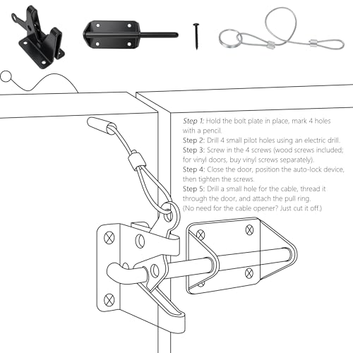 Heavy Duty Gate Latch for Wooden Fence, Automatic Self Locking Gravity Door Latch for Wood/Metal Gate with Cable Pull, 7-1/2" Gate Hardware Latch for Pool & Dog Door, Shed Garden, Black