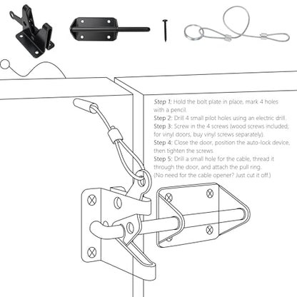 Heavy Duty Gate Latch for Wooden Fence, Automatic Self Locking Gravity Door Latch for Wood/Metal Gate with Cable Pull, 7-1/2" Gate Hardware Latch for Pool & Dog Door, Shed Garden, Black