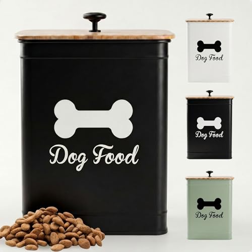 Dog Food Container Airtight Bamboo Lid 5-7 lb, 25 Cups, Sturdy Metal Handle | Pet Jar For Dogs up to 50lbs, Airtight Bamboo Lid, Sturdy Comfortable Metal Handle, Powder Coated Iron, Kibble Storage Bin - color: Black