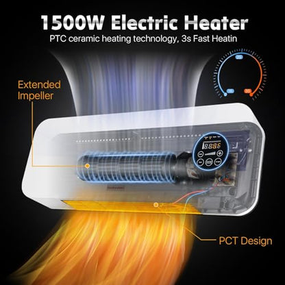 Wall Mounted Heater 1500W PTC Ceramic Electric Space Heater with Remote, LED Display, Adjustable Thermostat, Overheat Protection, Timer, Low Noise Heater for Bedroom, Office, Large Room Indoor Use
