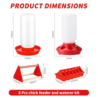 6 Pack Chick Feeder and Waterer Set - Chick Starter Kit with Mini Perch, Automatic Chicken Waterer & Feeder for Ducks/Quail, Coop Brooder Supplies for Small Poultry