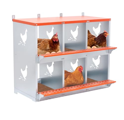 Galvanized Steel Chicken Nesting Box 6 Bay Wall Mounted Predator Proof for Hens and Ducks Easy Egg Collection Vented Design Easy Assemble Orange Coop Equipment (6 Compartment) - size: 31.8"L x 17.0"W x 25.0"H