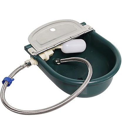 Automatic Water Bowl Plastic Livestock Stainless Steel Cover Waterer Dog Drinking Cattle Horse Drinker with Float Valve & Drain Plug & 1/2 Inch Pipe (Green)