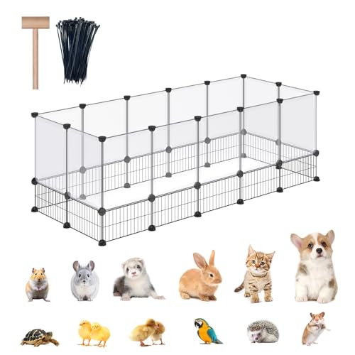 DINMO Rabbit Playpen, Guinea Pig Cages, Hamster Cages, Iron Net Bottom Design for Small Animal, Bunny, Ferret, Hedgehog, DIY, Expanded, Portable, Exercise Fence, 61.4 x 25.4 x 22.3 Inches - style: Plastic+Metal-28 panels-L