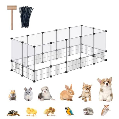 DINMO Rabbit Playpen, Guinea Pig Cages, Hamster Cages, Iron Net Bottom Design for Small Animal, Bunny, Ferret, Hedgehog, DIY, Expanded, Portable, Exercise Fence, 61.4 x 25.4 x 22.3 Inches - style: Plastic+Metal-28 panels-L