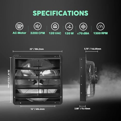 YOZON 20" Shutter Exhaust Fan with Speed Controller, Wall Mounted Wall Exhaust Fan, Automatic Shutter, High Speed, 3200CFM, Vent Fan for Garage, Greenhouse, Shed, Warehouse and Workshop - Black - size: 20 INCH Black