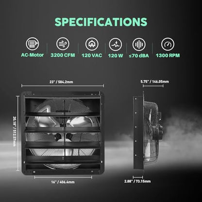 YOZON 20" Shutter Exhaust Fan with Speed Controller, Wall Mounted Wall Exhaust Fan, Automatic Shutter, High Speed, 3200CFM, Vent Fan for Garage, Greenhouse, Shed, Warehouse and Workshop - Black - size: 20 INCH Black