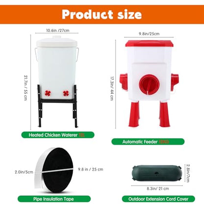 4 Pcs 3 Gallon 2 in 1 Heated Chicken Waterer with Heated Stainless Steel Table 26 Pounds Automatic Chicken Feeder Waterproof Outlet Box Pipe Insulation Tape Wrap for Winter Chick Coop