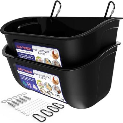 Goovilla Chicken Feeder Waterer, Hanging or Screw-in Fence Feeders with Clips, 2 Pack 5 Quart Goat Feeding Supplies, Duck Piglet Sheeple Coop Dog Livestock Poultry Plastic Feeder Trough Bucket, Black - color: Black, size: 5 Quart