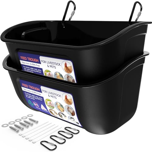 Goovilla Chicken Feeder Waterer, Hanging or Screw-in Fence Feeders with Clips, 2 Pack 5 Quart Goat Feeding Supplies, Duck Piglet Sheeple Coop Dog Livestock Poultry Plastic Feeder Trough Bucket, Black - color: Black, size: 5 Quart