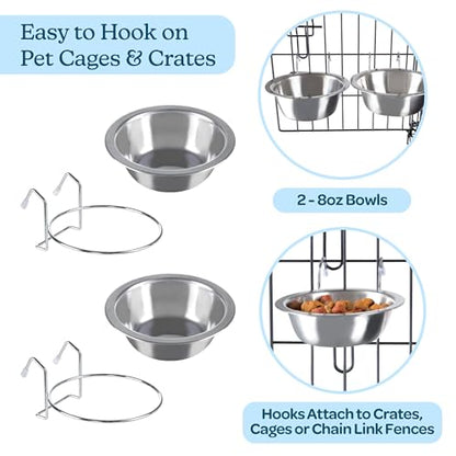 Set of 2 Stainless-Steel Dog Bowls - Cage, Kennel, and Crate Hanging Pet Bowls for Food and Water - 8oz Each and Dishwasher Safe by PETMAKER, Silver