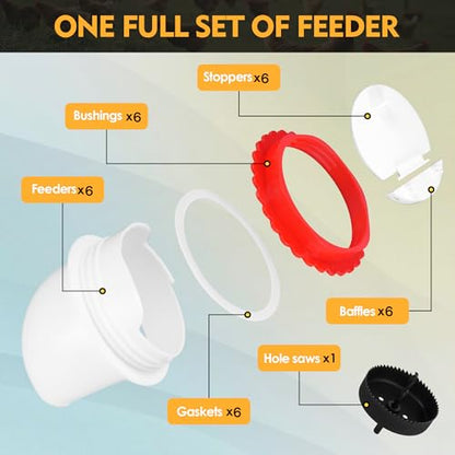6Pcs Chicken Feeder Port, Upgraded Chicken Feeder No Waste, Waterproof Chicken Feeders with Raised Baffle & 1 Drill Bit, Poultry Feeder for Buckets, Barrels, Bins - size: 6PCS