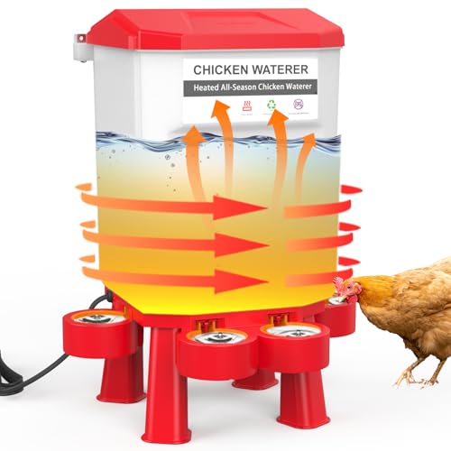 Heated Chicken Waterer, Plastic Chicken Water Heater, Anti-Freeze Heated Poultry Drinker with 4 Cups, Winter and Summer Dual-use, Poultry Water Heater for Chickens, Ducks, Geese - Dark Red, 11L