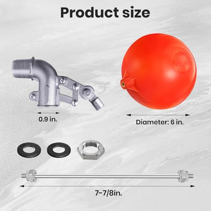 3/4" Stainless Steel Float Valve for Water Tank with 6" Float Ball | 304 Stainless Steel, 6" Float Ball, Adjustable Rod, Leak-Proof Water Level Control - size: 3/4inch