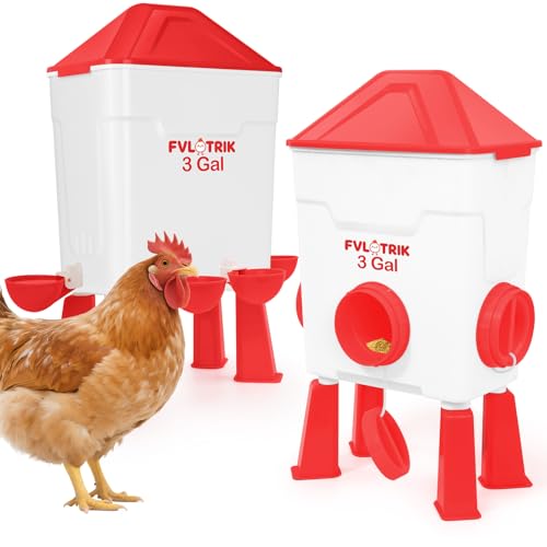 3 Gallon Chicken Waterer and Feeder Set with Legs, 2.75' Watering Cups & 3.5" Feed Ports for Large Beaks, Automatic No-Waste Feeders and Waterers, Easy No-Tools Assembly
