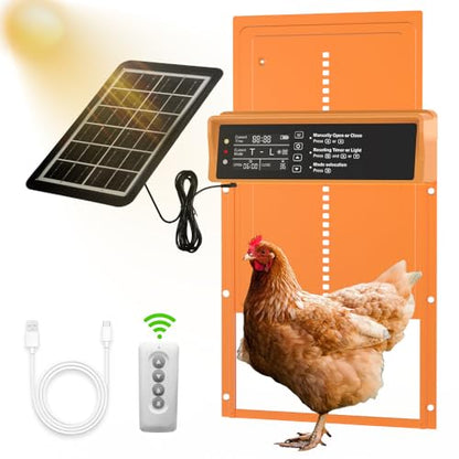 Automatic Chicken Coop Door Solar Powered, LCD Display, Durable Aluminum Alloy Chicken Door with Timer & Light Sensor Setting, Remote Control, Weatherproof, Energy-Saving, Solar Panel or USB Charging