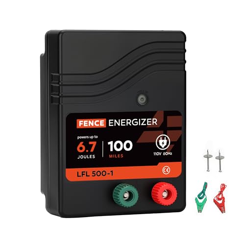 Electric Fence Charger AC Powered 100 Miles 300 Acres, 110 Volt 6.7 Joule Plug-in Electric Fence Energizer, Output Voltage Max 10.2 kV for Livestock, Preventing Predators from Intruding - size: 6.7 J