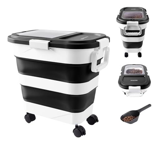 Wood Pellet Storage Container 30-40lbs, Airtight Bin with Locking Lid & Clear Window, Collapsible Pellet Bucket with Wheels, Scoop & Labels, Black & White - color: Black-L