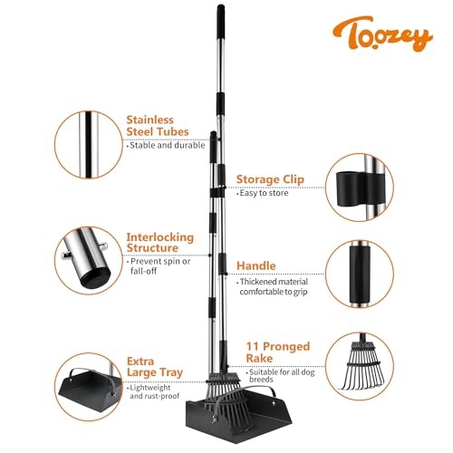 Toozey Dog Pooper Scooper for Large Dogs — 54" Extra Long Handle Poop Scooper for Yard Use, Extra Large Metal Tray & Bag Holder | Easy Cleanup for All Dog Sizes with 20 Bags - size: 54.33" Handle Rake