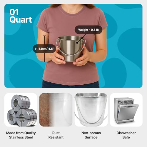Heavy Duty Stainless Steel Bucket, 1 Quart – Durable Small Metal Bucket for Feeding, Watering Pets & Cleaning – Perfect for Kennels, Critter Crates, Cages and Hanging on Fences - size: 1 Quart