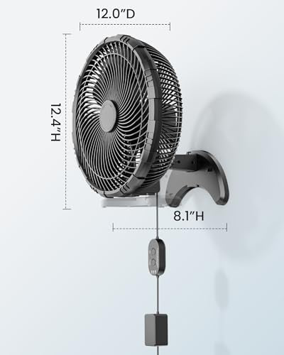 Koonie 12 Inch Wall Mount Fan, Quiet Wall Fan with Timer, 9.8ft Wired Remote, 80° Oscillation, 100° Adjustable, 3 Speeds High Velocity for RV Bedroom Kitchen Office Garage - color: Black Fan, size: 12in