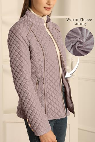 Bellivera Women's Stand Collar Lightweight Quilted Puffer Jacket | Casual Padded Zip Long Sleeve Coat for Spring and Winter with Pockets - color: Pink, size: Large