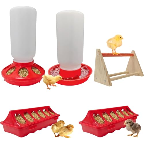 2026 New Chick Feeder and Waterer Starter Kit with Roost Bar,4-Piece Baby Chick Supplies Set with 2 Trough Feeders and No-Leak Water Dispenser for Chicks,Quail,Ducklings,and Small Poultry Brooder