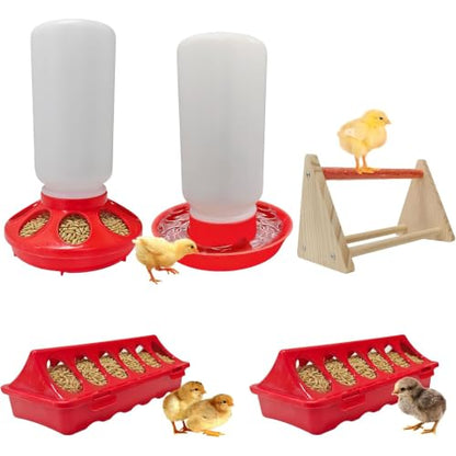 2026 New Chick Feeder and Waterer Starter Kit with Roost Bar,4-Piece Baby Chick Supplies Set with 2 Trough Feeders and No-Leak Water Dispenser for Chicks,Quail,Ducklings,and Small Poultry Brooder