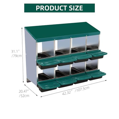 Chicken Nesting Boxes with Cleanable Pull-Out Trays - 8 Hole Metal Rollaway Nest Box for Laying Hens, Wall Mount or Placed Design for Easy Egg Collection & Cleaning