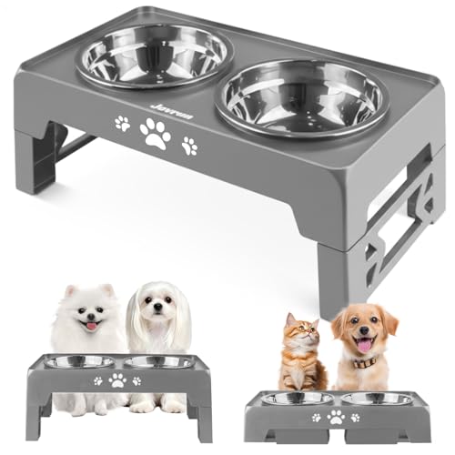 Jovrun Elevated Dog Bowls for Small Dogs and Cats, Non-Slip Cat Bowls with 2 Thick 5.5" Stainless Steel Dishes, Dog Feeder 2 Heights Adjustable to 2.6"-5.3" - color: Grey, size: for Small Dogs and Cats 2 Basic Bowls