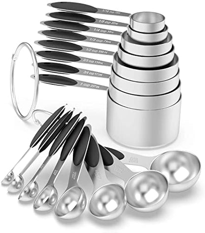 Measuring Cups & Spoons Set of 16, Wildone Stainless Steel Measuring Cups and Measuring Spoons with Black Silicone Handle, Including 8 Nesting Cups, 8 Spoons, for Dry and Liquid Ingredient | 8 Measuring Cups and 8 Measuring Spoons, Nesting Design, Heavy D