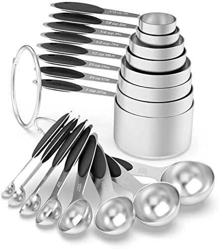Measuring Cups & Spoons Set of 16, Wildone Stainless Steel Measuring Cups and Measuring Spoons with Black Silicone Handle, Including 8 Nesting Cups, 8 Spoons, for Dry and Liquid Ingredient | 8 Measuring Cups and 8 Measuring Spoons, Nesting Design, Heavy D