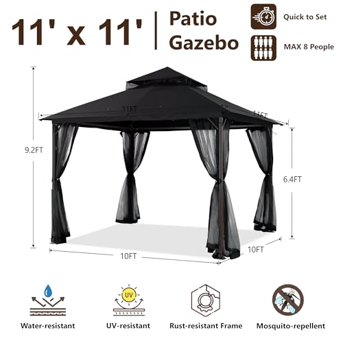 MASTERCANOPY Outdoor Patio Gazebo with Double Roofs, Stable Steel Frame and Mosquito Netting (11x11,Black) - color: Black, size: 11x11