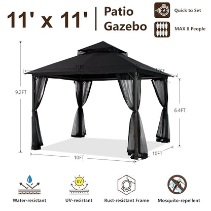 MASTERCANOPY Outdoor Patio Gazebo with Double Roofs, Stable Steel Frame and Mosquito Netting (11x11,Black) - color: Black, size: 11x11
