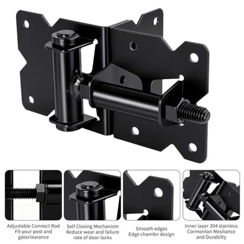 Heavy Duty Self Closing Gate Hinge and Latch Kit for Wooden/Vinyl Fence Gate Rust Proof Gate Hardware Kit 4 Adjustable Self Closing Hinges & 2 Post Mount Self Locking Gate Latch (Black)