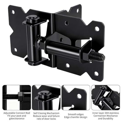 Heavy Duty Self Closing Gate Hinge and Latch Kit for Wooden/Vinyl Fence Gate Rust Proof Gate Hardware Kit 4 Adjustable Self Closing Hinges & 2 Post Mount Self Locking Gate Latch (Black)