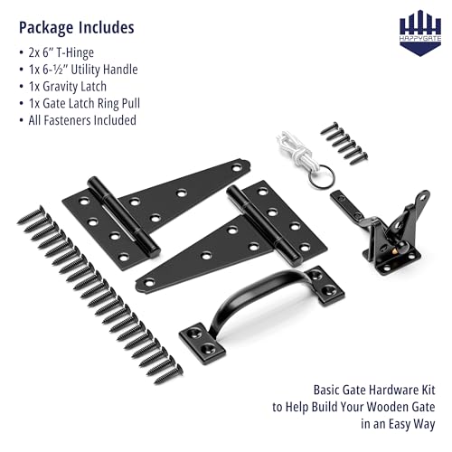Fence Gate Hardware Kit, Heavy Duty Gate Kit for Wooden Fence with Self Locking Gate Latch, 6in T-Strap Gate Hinges, Door Pull Handle, Gate Hinges and Latch Set for Wooden Vinyl Fence