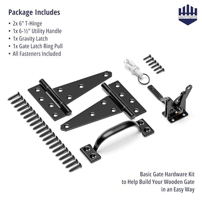 Fence Gate Hardware Kit, Heavy Duty Gate Kit for Wooden Fence with Self Locking Gate Latch, 6in T-Strap Gate Hinges, Door Pull Handle, Gate Hinges and Latch Set for Wooden Vinyl Fence
