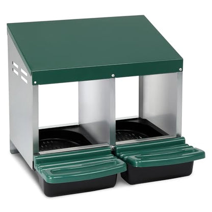2 Compartment Roll Out Chicken Nesting Box, Metal Poultry Hen Laying Box with Sloped Plastic Trays and Perch, Easy Egg Collection Nest Box for Chicken Coop, Green & Silver